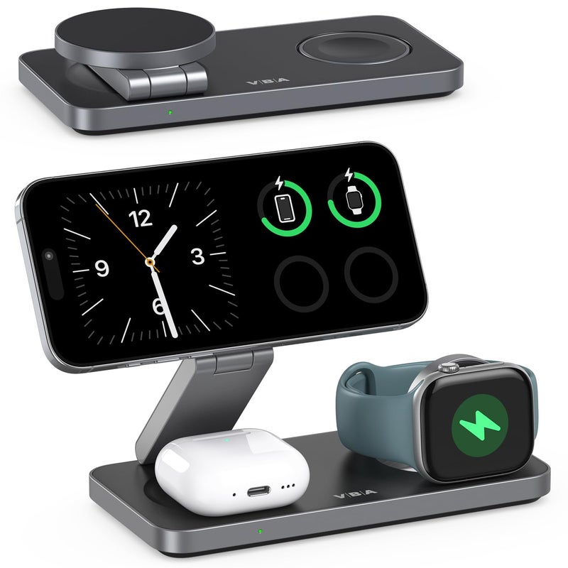 VBA 3 in 1 Wireless Charging Station for Apple MagSafe Charger,Foldable Fast Charging Magnetic Wireless Charger Stand,Travel Charger for iPhone 17 Air 16 15 14 13 12,Apple Watch,AirPods (Black) - Image 1