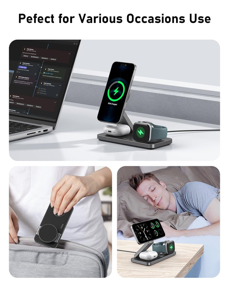 VBA 3 in 1 Wireless Charging Station for Apple MagSafe Charger,Foldable Fast Charging Magnetic Wireless Charger Stand,Travel Charger for iPhone 17 Air 16 15 14 13 12,Apple Watch,AirPods (Black) - Image 2