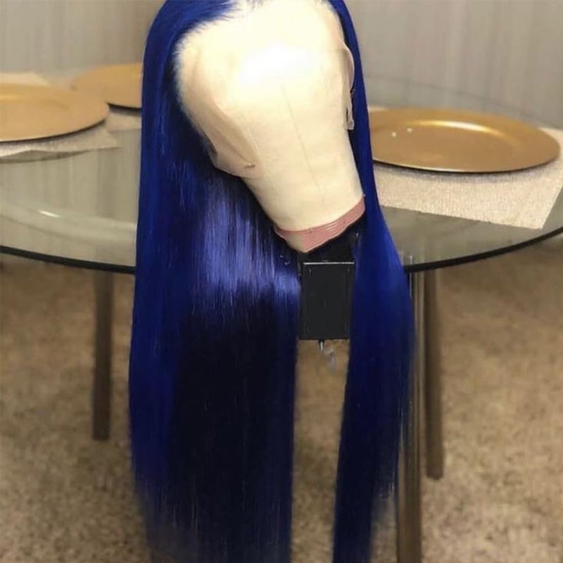QD-Tizer Blue Lace Front Wigs for Fashion Woman Long Straight Navy Blue Hair Heat Resistant Fiber Hair Synthetic Lace Front Wigs 24 Inch - Image 2