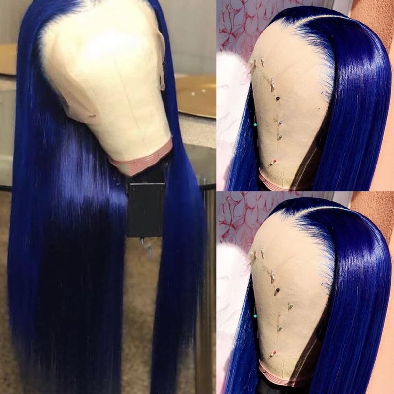 QD-Tizer Blue Lace Front Wigs for Fashion Woman Long Straight Navy Blue Hair Heat Resistant Fiber Hair Synthetic Lace Front Wigs 24 Inch - Image 1
