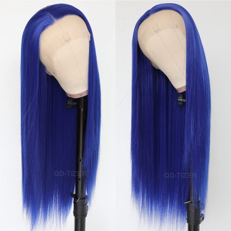 QD-Tizer Blue Lace Front Wigs for Fashion Woman Long Straight Navy Blue Hair Heat Resistant Fiber Hair Synthetic Lace Front Wigs 24 Inch - Image 5