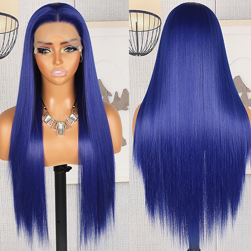 QD-Tizer Blue Lace Front Wigs for Fashion Woman Long Straight Navy Blue Hair Heat Resistant Fiber Hair Synthetic Lace Front Wigs 24 Inch - Image 3