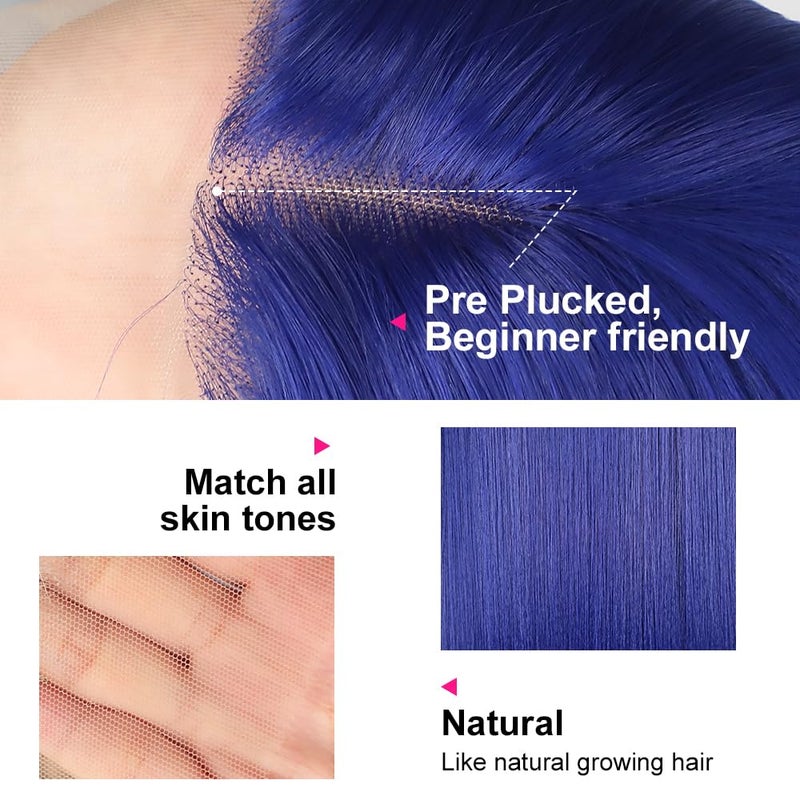 QD-Tizer Blue Lace Front Wigs for Fashion Woman Long Straight Navy Blue Hair Heat Resistant Fiber Hair Synthetic Lace Front Wigs 24 Inch - Image 4