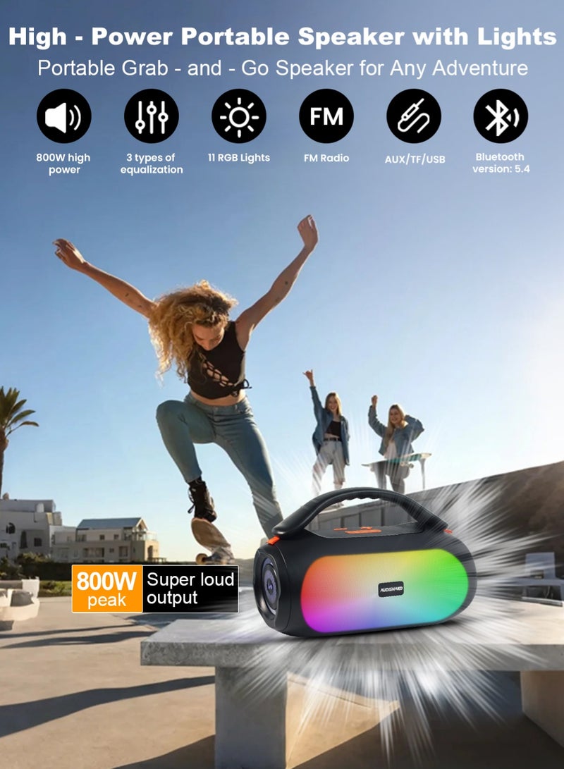 AUDISHAKO مكبر صوت بلوتوث IPX5 مقاوم للماء مكبر صوت محمول خارجي BT5.4 مع أضواء LED اقتران ستيريو لاسلكي للصوت للحفلات المنزلية والشاطئ والتخييم يدعم USB وTF وFM وTWS - Image 2