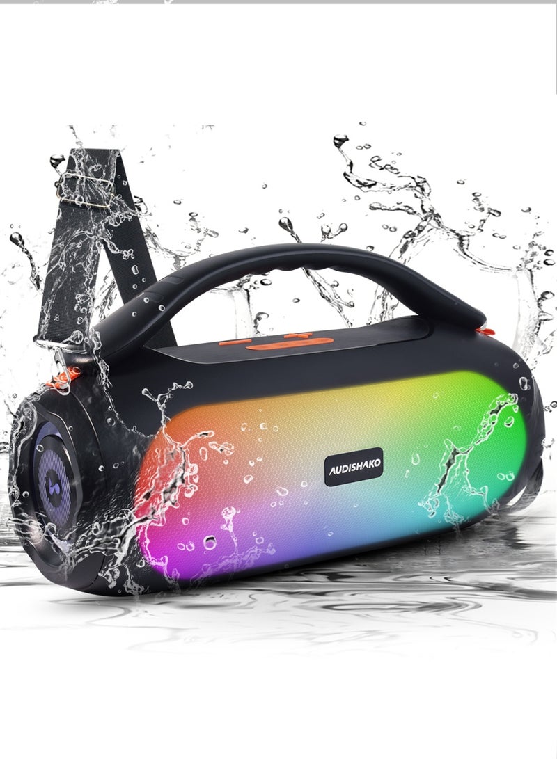 AUDISHAKO مكبر صوت بلوتوث IPX5 مقاوم للماء مكبر صوت محمول خارجي BT5.4 مع أضواء LED اقتران ستيريو لاسلكي للصوت للحفلات المنزلية والشاطئ والتخييم يدعم USB وTF وFM وTWS - Image 1