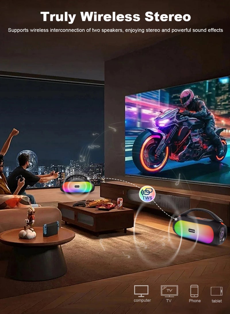 AUDISHAKO مكبر صوت بلوتوث IPX5 مقاوم للماء مكبر صوت محمول خارجي BT5.4 مع أضواء LED اقتران ستيريو لاسلكي للصوت للحفلات المنزلية والشاطئ والتخييم يدعم USB وTF وFM وTWS - Image 4