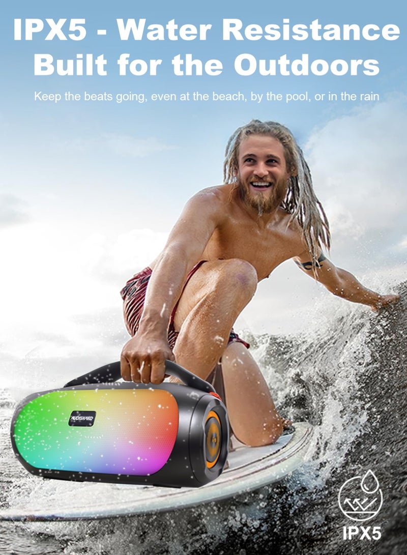 AUDISHAKO مكبر صوت بلوتوث IPX5 مقاوم للماء مكبر صوت محمول خارجي BT5.4 مع أضواء LED اقتران ستيريو لاسلكي للصوت للحفلات المنزلية والشاطئ والتخييم يدعم USB وTF وFM وTWS - Image 3