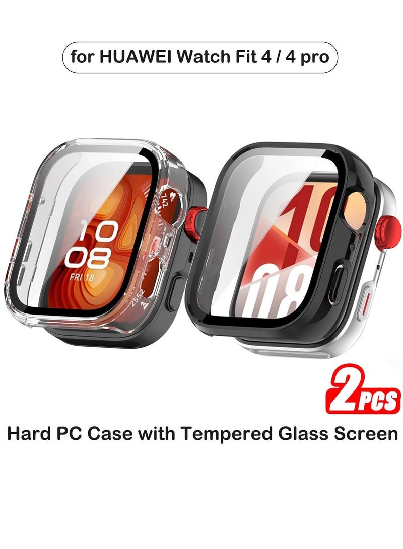 Youque 2 PCS Case for HUAWEI Watch Fit 4 Screen Protector, Hard PC Case with Tempered Glass Screen Protector Bubble-Free Cover Slim HD Ultra-Thin Bumper, Black/Clear - Image 1