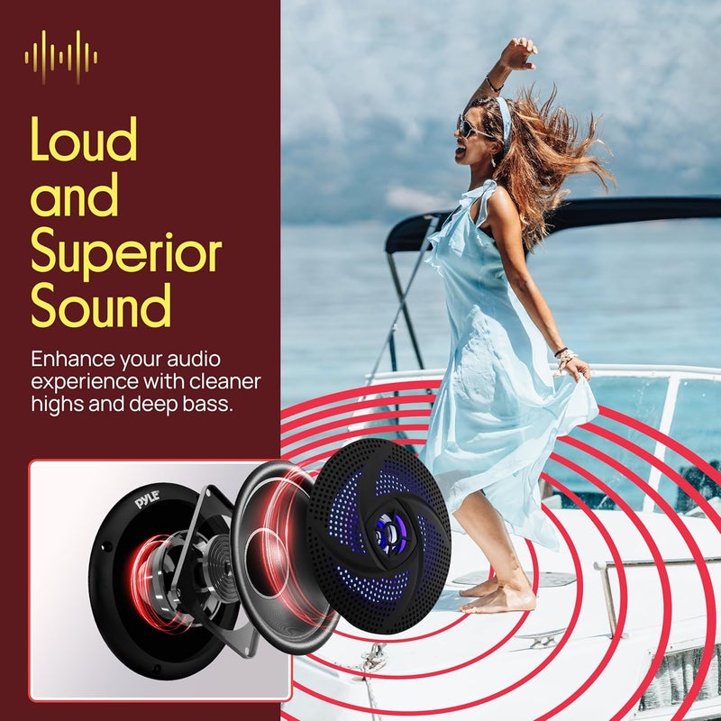 Pyle Waterproof Rated Marine Speakers - 4'' 2 Way Outdoor Audio System with LED Lights, 100W Power, Black - Image 3