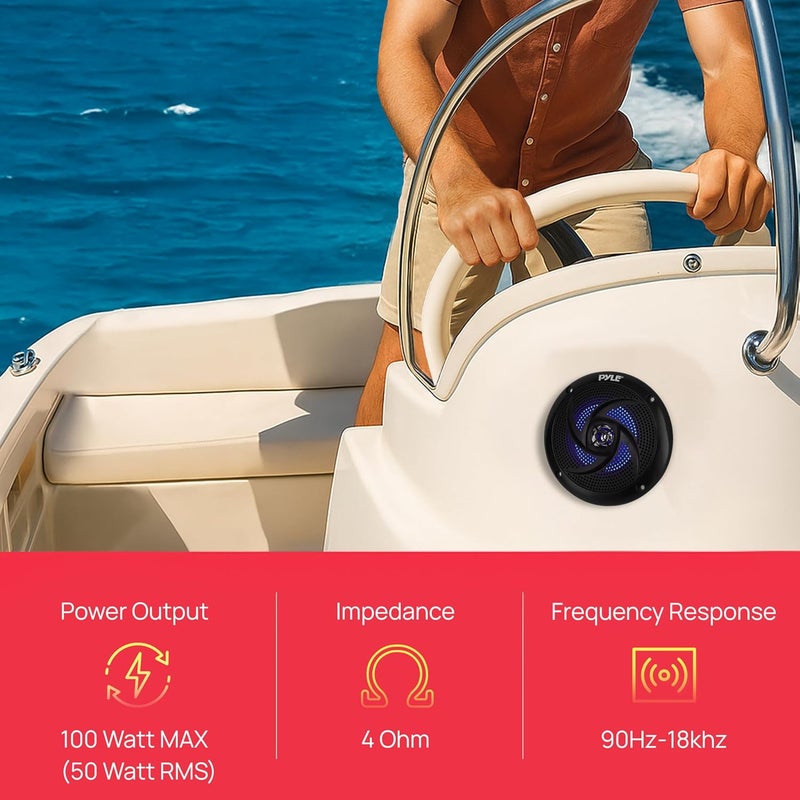 Pyle Waterproof Rated Marine Speakers - 4'' 2 Way Outdoor Audio System with LED Lights, 100W Power, Black - Image 5
