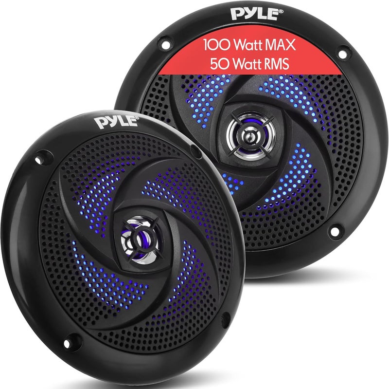 Pyle Waterproof Rated Marine Speakers - 4'' 2 Way Outdoor Audio System with LED Lights, 100W Power, Black - Image 1