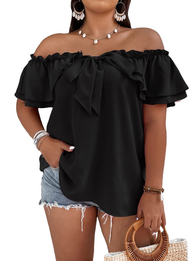 MakeMeChic Women's Plus Size Off Shoulder Top Tie Front Layered Ruffle Short Sleeve Blouse Top Black X-Large Plus - Image 1