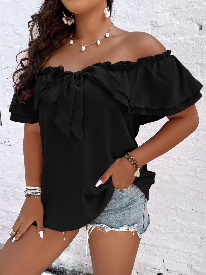 MakeMeChic Women's Plus Size Off Shoulder Top Tie Front Layered Ruffle Short Sleeve Blouse Top Black X-Large Plus - Image 3