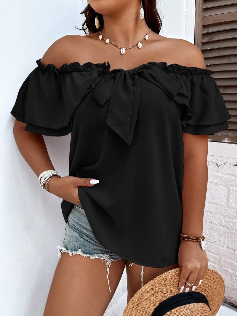 MakeMeChic Women's Plus Size Off Shoulder Top Tie Front Layered Ruffle Short Sleeve Blouse Top Black X-Large Plus - Image 4