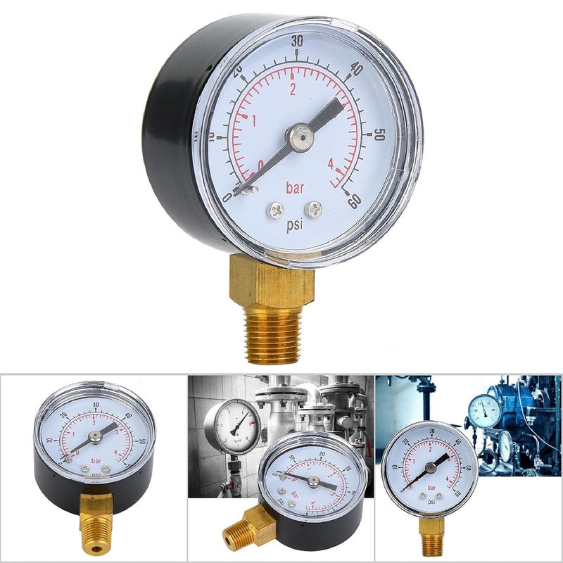مواد مطورة عامة مقياس ضغط ميكانيكي، اتصال سفلي BSPT مقاس 1/8 بوصة، مقياس مزدوج، غلاف معدني - قياس ضغط دقيق، قرص شفاف، مثالي للهواء والزيت والماء (0-60 رطل/بوصة مربعة، 0-4 بار) - Image 3