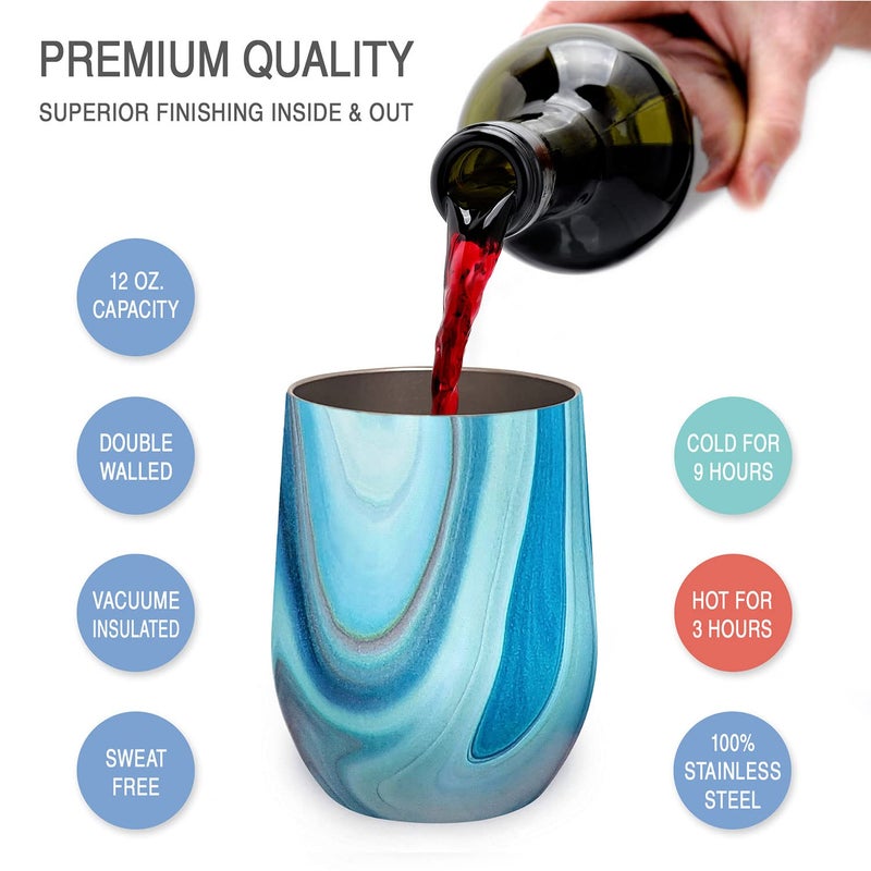 CHILLOUT LIFE Stainless Steel Wine Tumblers 2 Pack 12 oz - Double Wall Vacuum Insulated Wine Cups with Lids and Straws Set for Coffee  Wine  Cocktails (Ocean Marble) - Image 2