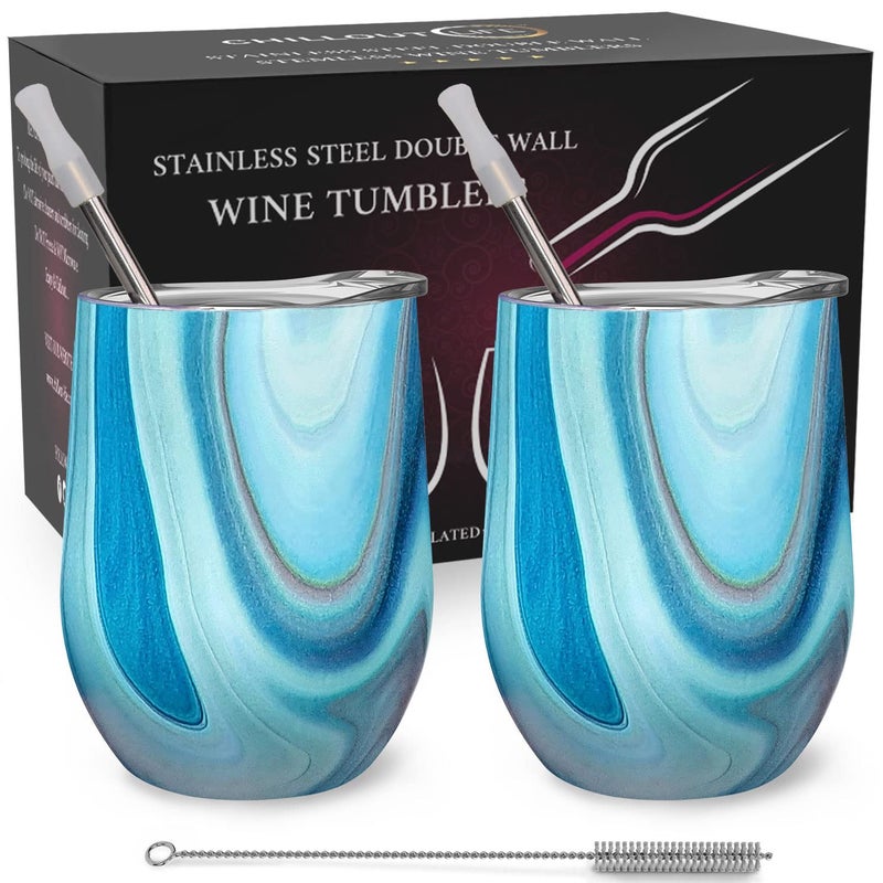 CHILLOUT LIFE Stainless Steel Wine Tumblers 2 Pack 12 oz - Double Wall Vacuum Insulated Wine Cups with Lids and Straws Set for Coffee  Wine  Cocktails (Ocean Marble) - Image 1