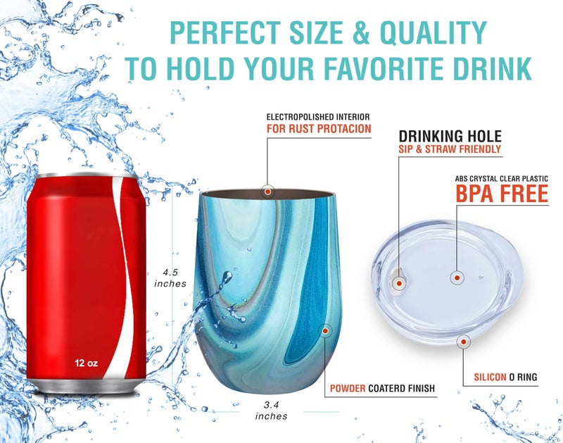 CHILLOUT LIFE Stainless Steel Wine Tumblers 2 Pack 12 oz - Double Wall Vacuum Insulated Wine Cups with Lids and Straws Set for Coffee  Wine  Cocktails (Ocean Marble) - Image 4