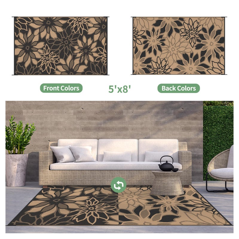 GENIMO Outdoor Rug Waterproof for Patio Decor, 5' x 8' Reversible Plastic Straw Floral Camping Carpet, Large Area Rugs Mats for RV, Camper, Deck, Balcony, Porch, Beach, Picnic, Black & Brown - Image 5