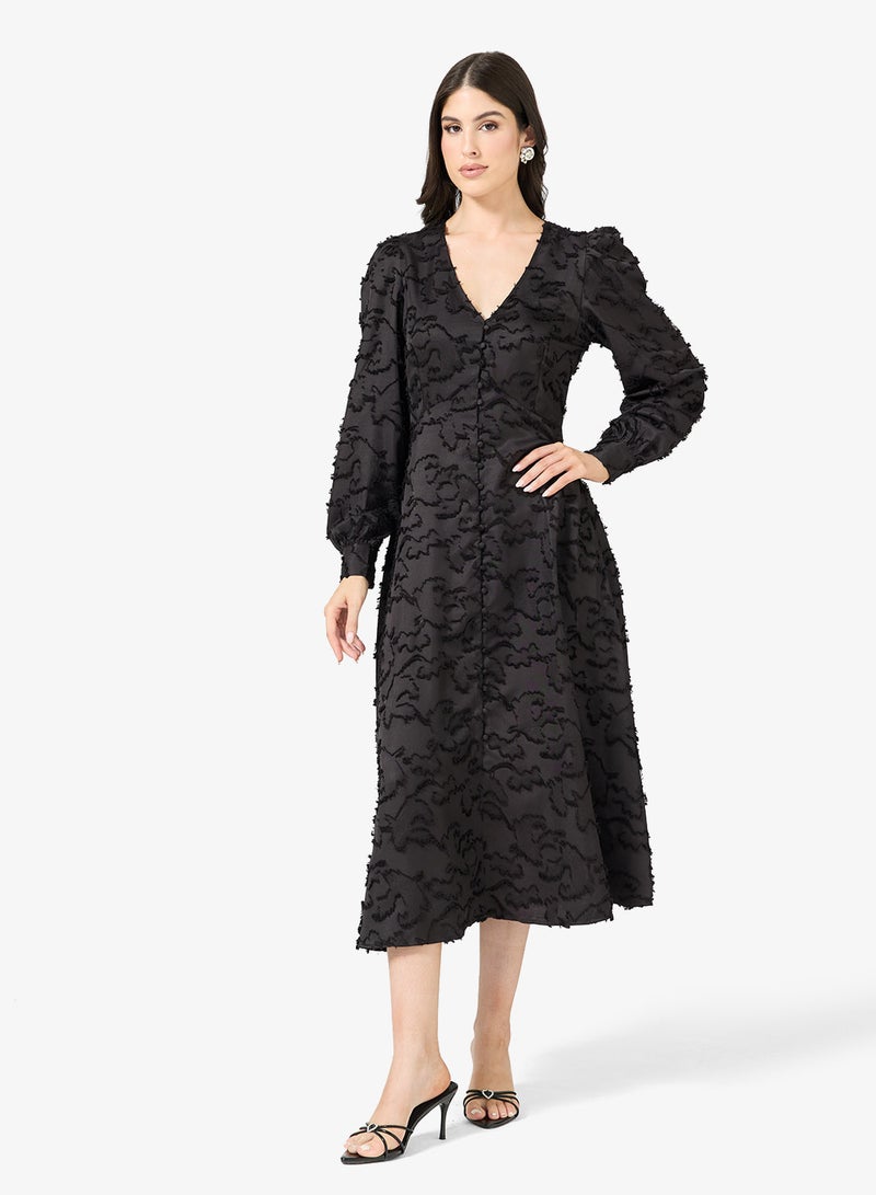 YAS Lace Detail V Neck Long Sleeve Midi Dress - Image 1