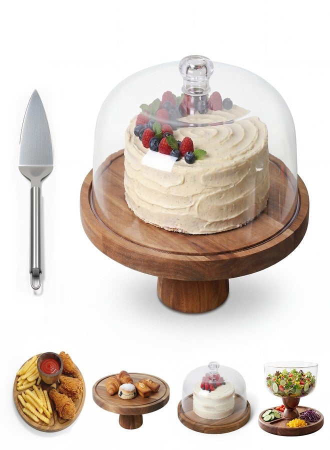 Letschef Acacia Wood Cake Stand with Dome Lid, Footed Wooden Cake Display Plate with Clear Acrylic Cover, Perfect for Birthday Parties, Weddings, Dessert Table & Home Kitchen Decor - Image 1