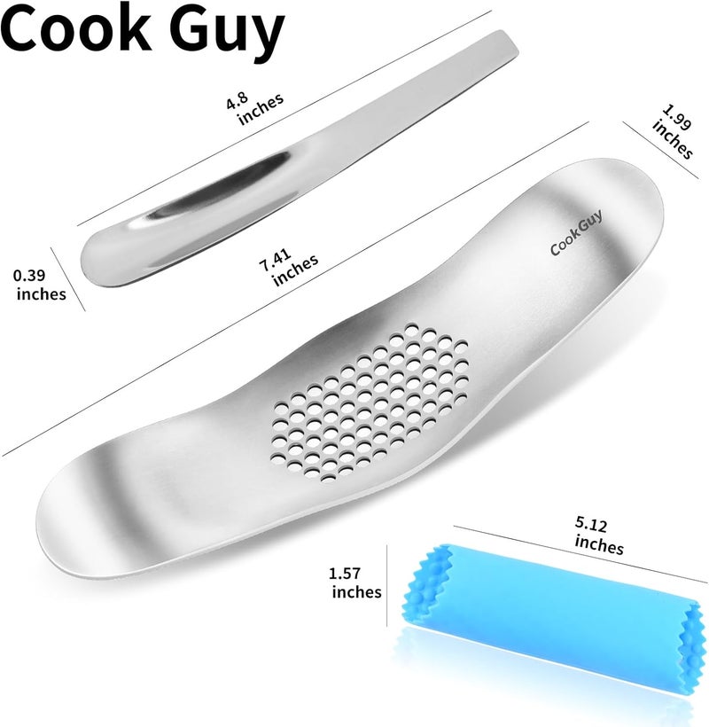 Cook Guy طقم ضغط الثوم المصنوع من الفولاذ المقاوم للصدأ 304 - مفرمة ثوم، كسارة، مقشرة، وأداة كشط من الفولاذ الممتاز لتقطيع الثوم بسهولة - مطحنة ثوم ذات مقبض مزدوج (B0201) - Image 2