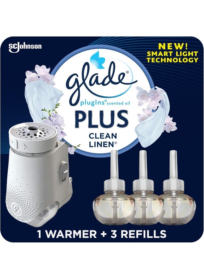 Glade Glade PlugIn Plus Air Freshener Starter Kit, Scented Oil for Home and Bathroom, Clean Linen, 2.01 Fl Oz, 1 Warmer + 3 Refills - Image 1