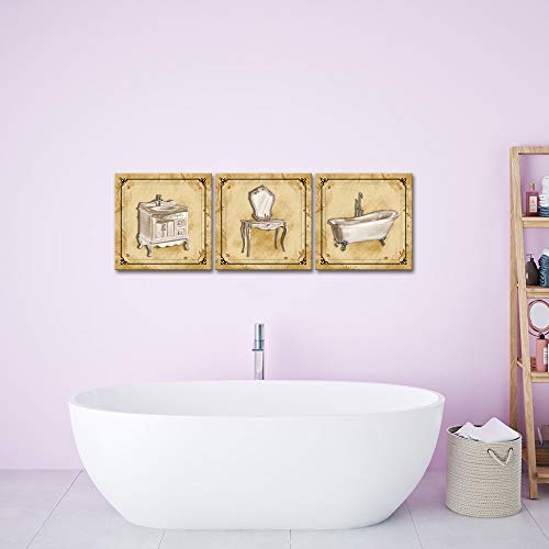 Derkymo 3 Pieces Bathroom Picture Wall Decor Vintage Classic Elegant Bath Tub Art Prints Bathroom Canvas Wall Art Prints Framed Ready to Hang 12"x12"x3pcs - Image 2