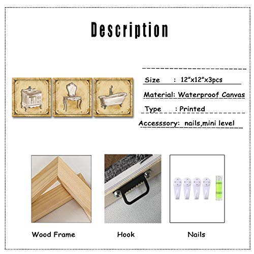 Derkymo 3 Pieces Bathroom Picture Wall Decor Vintage Classic Elegant Bath Tub Art Prints Bathroom Canvas Wall Art Prints Framed Ready to Hang 12"x12"x3pcs - Image 5