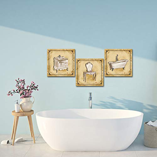 Derkymo 3 Pieces Bathroom Picture Wall Decor Vintage Classic Elegant Bath Tub Art Prints Bathroom Canvas Wall Art Prints Framed Ready to Hang 12"x12"x3pcs - Image 3
