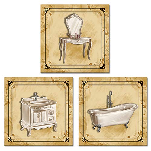 Derkymo 3 Pieces Bathroom Picture Wall Decor Vintage Classic Elegant Bath Tub Art Prints Bathroom Canvas Wall Art Prints Framed Ready to Hang 12"x12"x3pcs - Image 1