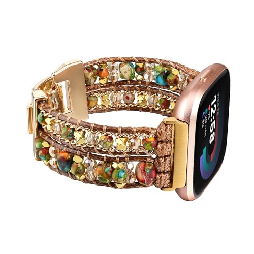 Wingoden Bracelet Bands Compatible with Fitbit Versa 4/3/Sense 2/Sense Band for Women, Leather Beaded Watch Strap Natural Stone Wrap Boho Watch Band for Fitbit Versa 4 Band Replacement, Colorful Beads - Image 1