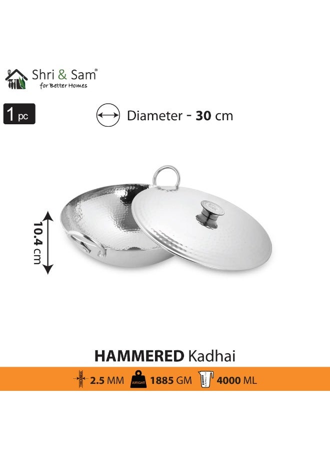Shri & Sam Stainless Steel 4 Litre Triply Deep Pro Light Weight Hammered Kadhai with Lid, 30 cm, 1885 Grams - Image 4