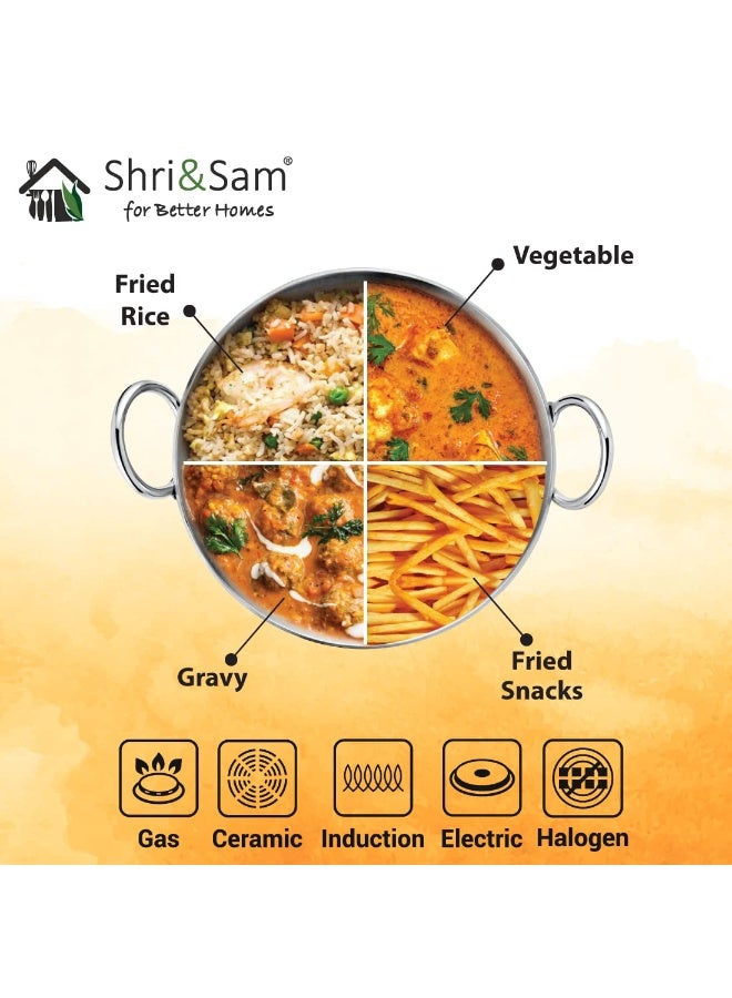 Shri & Sam Stainless Steel 4 Litre Triply Deep Pro Light Weight Hammered Kadhai with Lid, 30 cm, 1885 Grams - Image 2