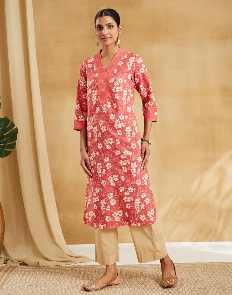 فاب انديا Pink Cotton Hand Block Print Long Kurta