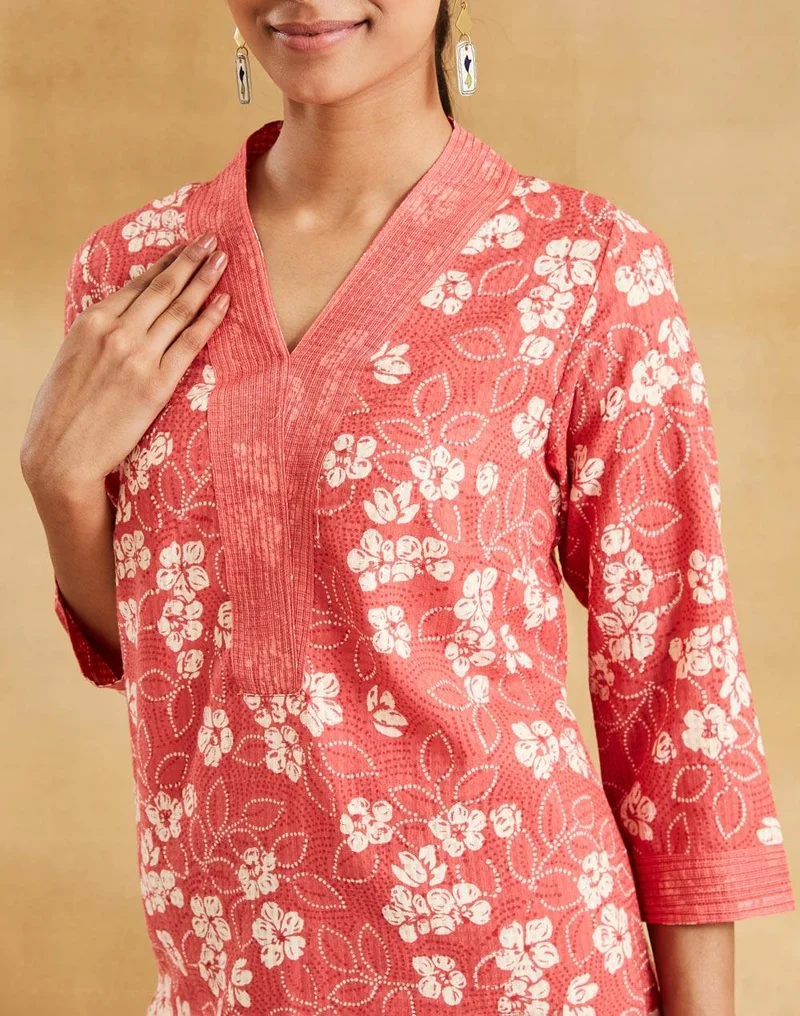 Fabindia  Pink Cotton Hand Block Print Long Kurta for Women | Best Price UAE
