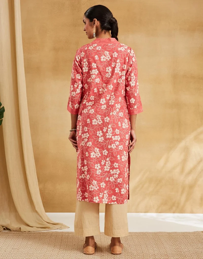 Fabindia  Pink Cotton Hand Block Print Long Kurta for Women | Best Price UAE