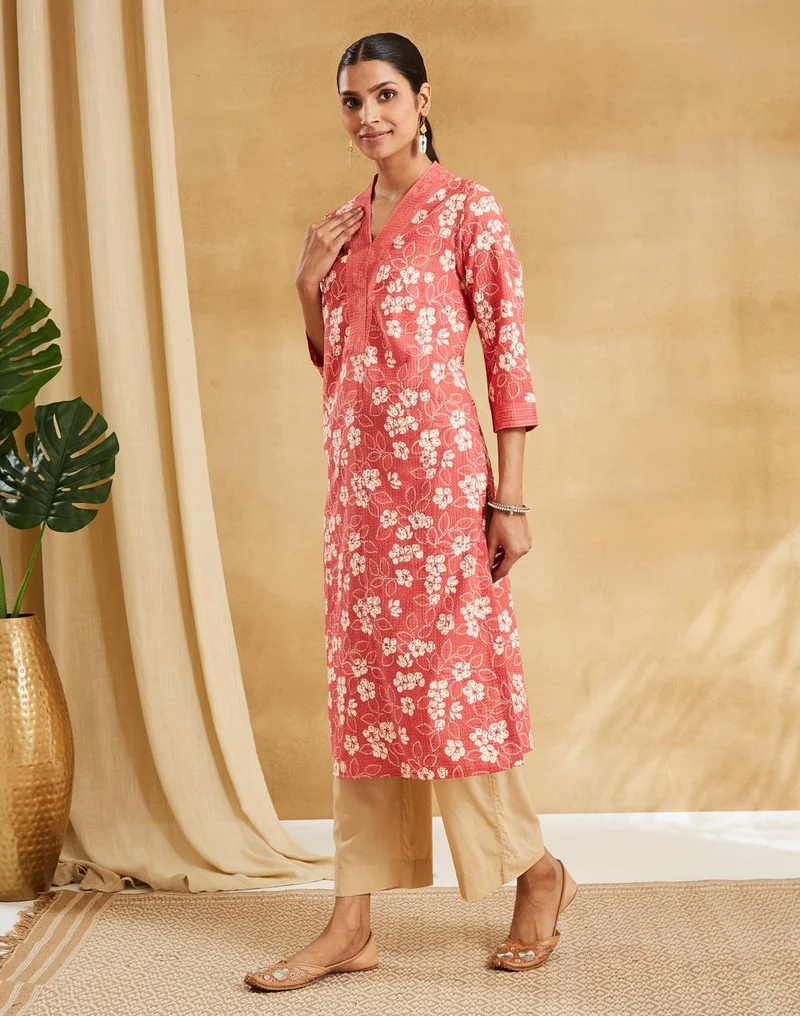 Fabindia  Pink Cotton Hand Block Print Long Kurta for Women | Best Price UAE