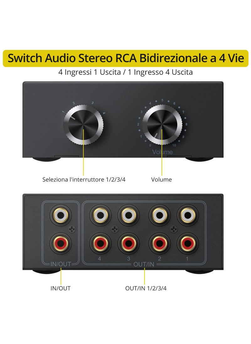 PROZOR PROZOR RCA Switch 4 Way Bi-Directional RCA Splitter with Volume Control and Switch Button, RCA Audio Selector with No Power Supply Needed for DVD Stereo Speaker CD Player  - Image 2