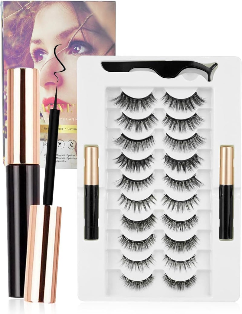 10 Pairs Reusable Magnetic Fake Eyelashes with 2 Tubes Magnetic Eyeliner Natural Eyelashes Easy to Wear Including Tweezers Reusable Eye Lashes for Daily and Special Looks
