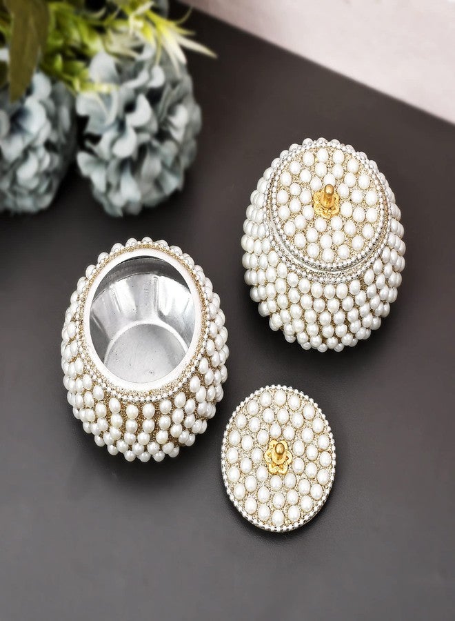 Craftam Pearl Kumkum Box Jewellery Dibbi, Decorative Sindoor Storage Box for Pooja, Ring Earring Organizer, Bridal Gift -Pack of 2 (8×8×4) - Image 1