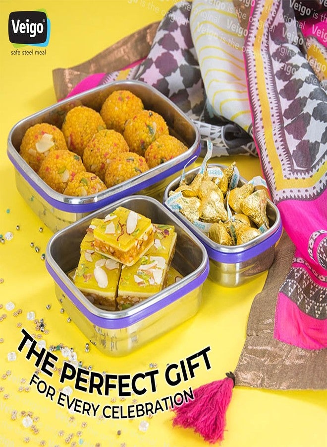 Veigo Premium Finish Classic Celebration Big, Small & Medium Stainless Steel Lunch Box Airtight Leakproof Easy to fit into Any Bags Perfect for Office,School,Outdoor-630ml+330ml+180ml vilot - Image 2