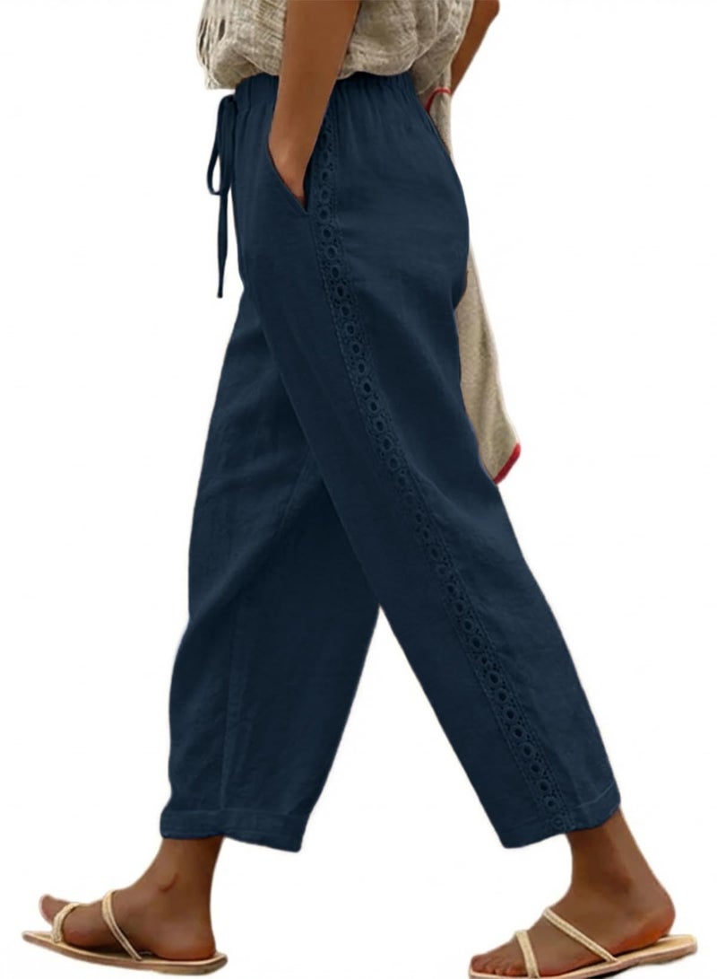 Acelitt Women Casual Linen Pants Drawstring Elastic Waist Fall Fashion 2026 Beach Capri Pants Trousers with Pockets Blue Large