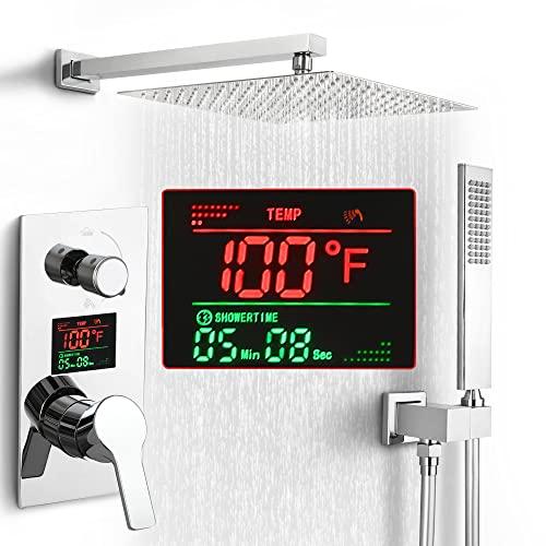 SKOWLL SKWOLL Shower Faucet Set Polished Chrome, Wall Mount 12 Inch Rainfall Shower Head with Handheld, 2 Function Shower Mixer Valve Kit Digital Display Included - Image 1