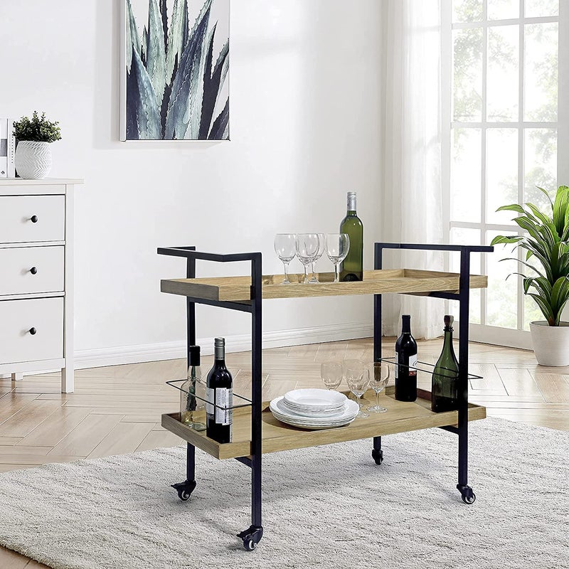 INDIAN DECOR RW243 Bar Cart Wood Kitchen Serving Cart Mobile Bar Cart Utility Trolley Industrial Wood Metal Wine Rack 2 Tier Storage Shelf Home Dining Room Vintage 700 x 500 x 450 MMS - Image 2