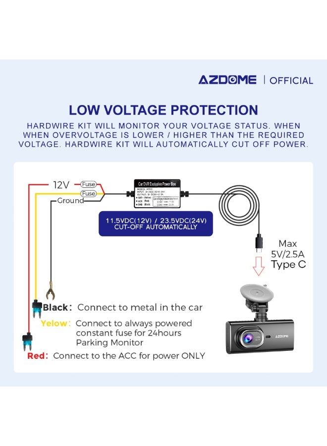 AZDOME HT03 Hardwire Kit, Type-C USB Port, 24H Parking Monitor Cable with Fuse, Convert 12V-24V to Output 5V/2.5A Max, Compatible with Most Dash Cam Available with a Type-C USB Port, Low Voltage Protection - Image 5