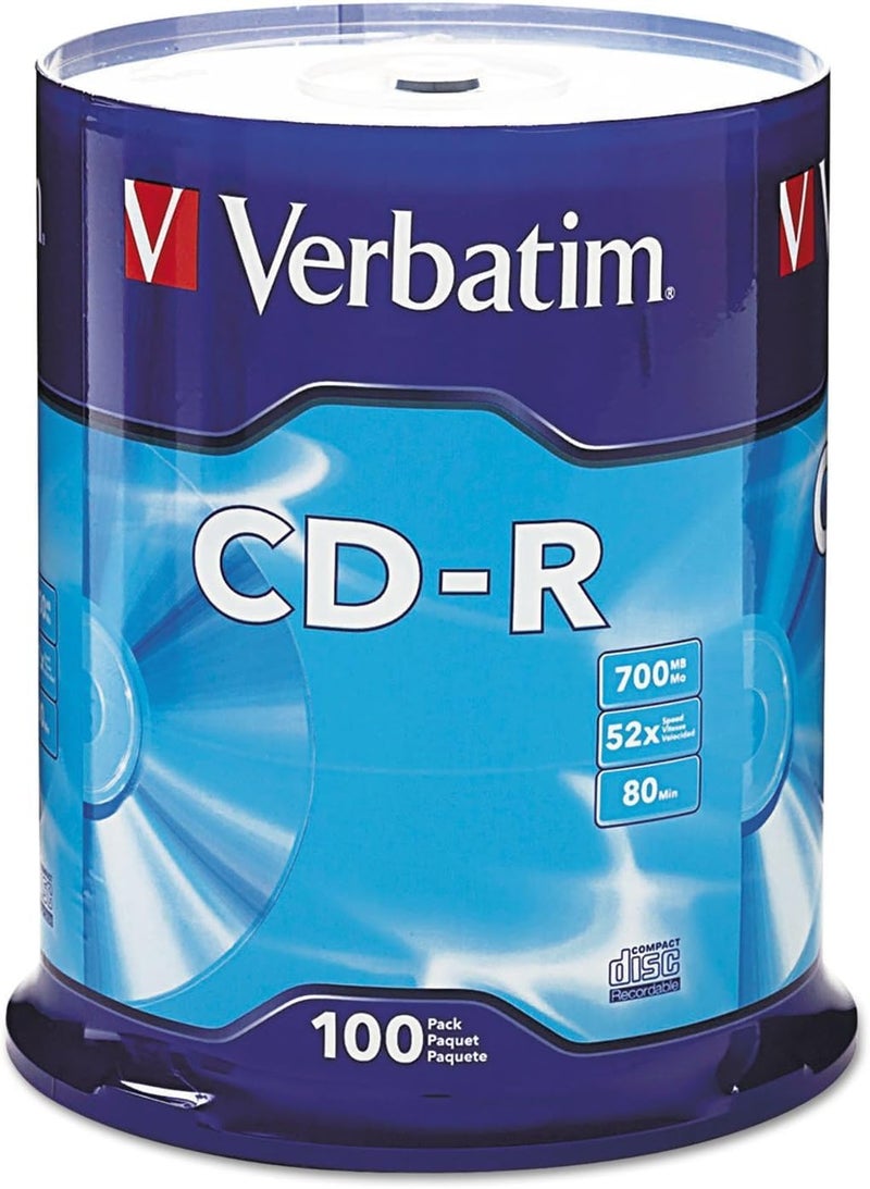 VERBATIM أقراص CD-R فارغة 700MB 80 دقيقة 52X قرص قابل للتسجيل للبيانات والموسيقى - 100 حزمة في علبة خالية من الإحباط، أزرق - Image 1