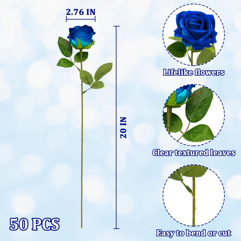 Wondrus Bulk Artificial Flowers 50 PCS, Fake Velvet Silk Blue Roses with Long Stems Realistic Bouquet for Wedding Centerpieces, Faux Arrangement for Home Table Decor - Image 3