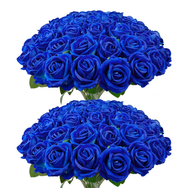 Wondrus Bulk Artificial Flowers 50 PCS, Fake Velvet Silk Blue Roses with Long Stems Realistic Bouquet for Wedding Centerpieces, Faux Arrangement for Home Table Decor - Image 1