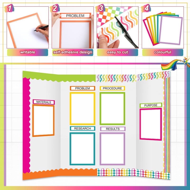 Fuyoooo 90 Pcs Science Fair Board Supplies 60 Trim Scalloped Bulletin Board Borders 24 Presentation Board Subtitles 6 Science Fair Titles for Classroom Display Boards(Colorful) - Image 3